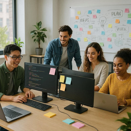 Group of young business people working together on computer in creative office.
