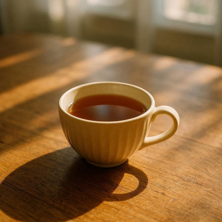 Cup of tea on wooden table in morning sunlight, stock photo