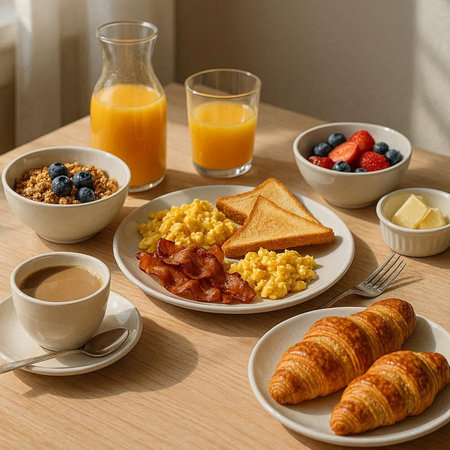 Breakfast with coffee, orange juice, croissants, scrambled eggs and bacon on wooden table