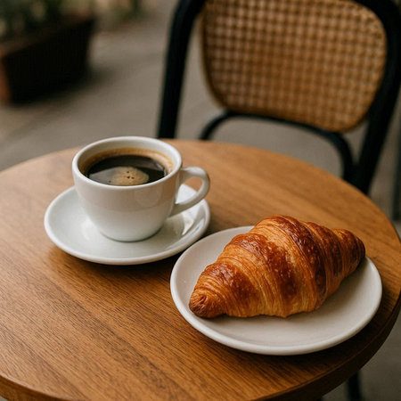 Coffee and croissant on a wooden table. Morning breakfast.