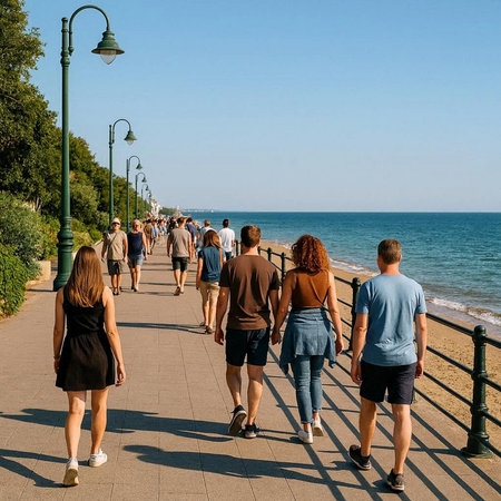 People walking along the promenade along the sea in Sochi, Russia