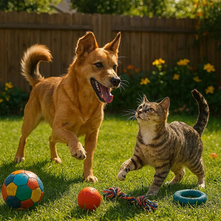 Cat and dog playing with a ball on the grass in the garden