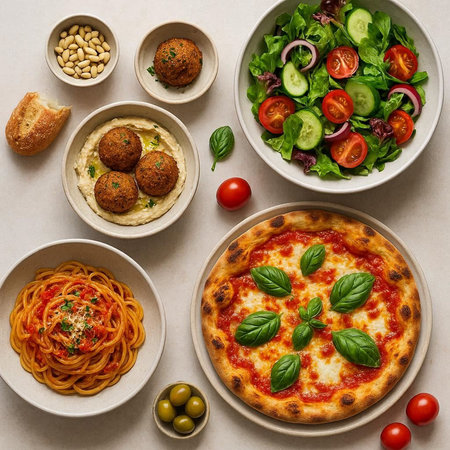 Different types of Italian food in bowls over white background. Top view.