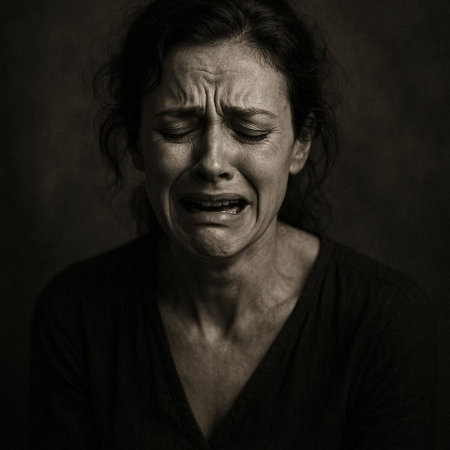 Portrait of an elderly woman crying. Black and white photo.の写真素材