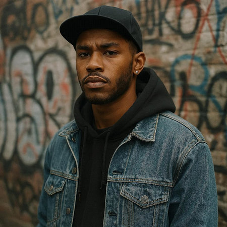 Portrait of a handsome african american man in jeans jacket and cap.