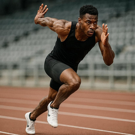Portrait of an African American male athlete running on a track.
