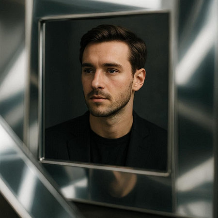 Portrait of handsome young man looking at the camera through the mirror