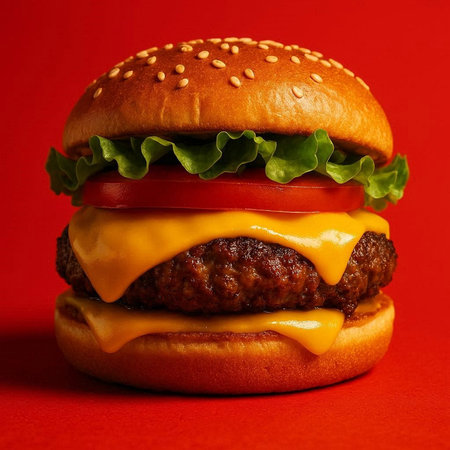 Big tasty hamburger on red background. Close up. Concept of fast food.