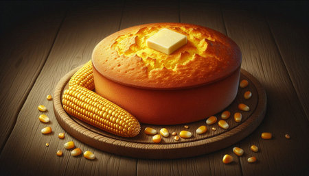 Corn cake with butter and corn on wooden table. 3d illustration