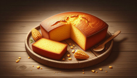 Cornbread on a wooden board with copyspace. 3d rendering