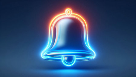 Illustration of a glowing neon bell on a dark blue background.