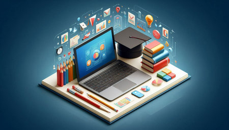 Online education concept with laptop, books, mortarboard and graduation cap