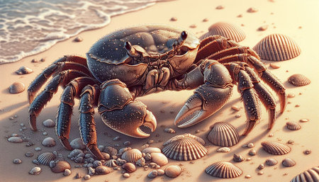 3d rendering of a sea crab on the beach with seashells