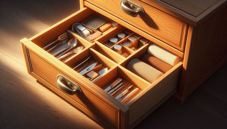 Wooden drawer with cutlery. 3d render illustration.