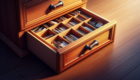 Wooden drawer with cutlery and cutlery in it
