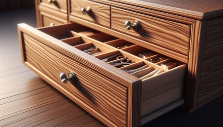 Wooden chest of drawers, close-up. 3d rendering