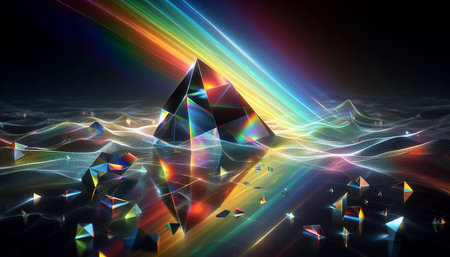 abstract 3d illustration of low poly geometric shape with glowing particles