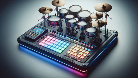 Drum kit on a dj's desk in neon light. Music concept.