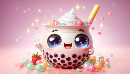 Cup of milkshake with funny face and candy on pink background