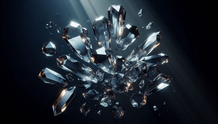 Broken crystal on black background. 3d rendering toned image