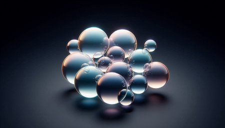abstract 3d illustration of transparent spheres on black background with reflection