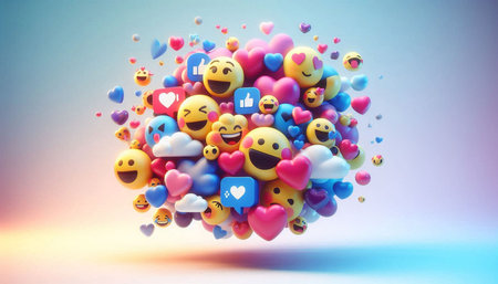 3d rendering of group of happy emoticons with hearts on the background