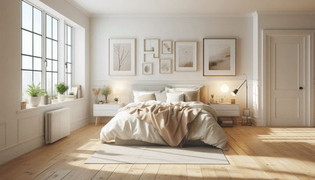 3d rendering interior of modern bedroom with white walls and wooden floor