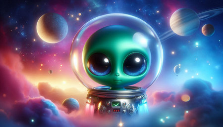 Alien in space with planets in background. 3D illustration. Fantasy.