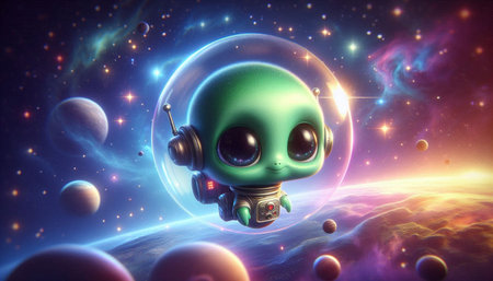 Alien in space. 3D illustration of a green alien in space.