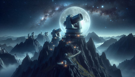 Astronaut and telescope on the top of the mountain. 3D rendering