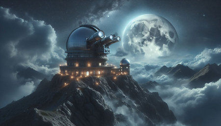 Astronomical observatory in the clouds. 3D rendering.