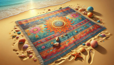 Beach towel on sand with seashells and starfish.