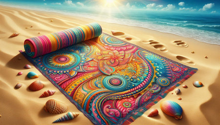 Colorful yoga mat on sandy beach at sunrise. 3d rendering