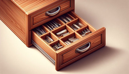Wooden open drawer with cutlery. 3d illustration.