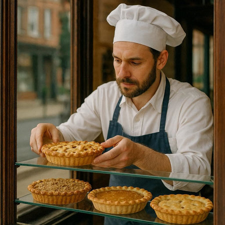 Portrait of a bearded male cook in apron and hat looking at freshly baked homemade tartlets in the bakery shop.