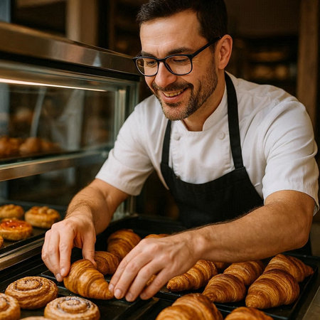 Smiling male baker in apron and glasses working in bakery.