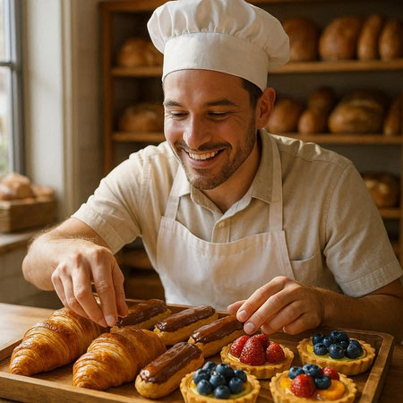 Portrait of smiling male pastry chef decorating dessert in bakery shop