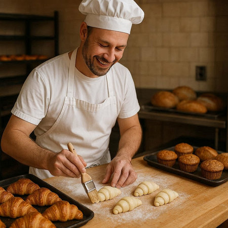 Chef preparing croissants in the kitchen of a bakery.