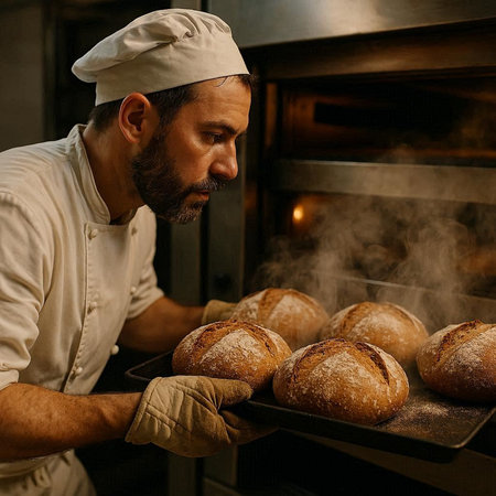 Baker holding tray with freshly baked breads in the oven.
