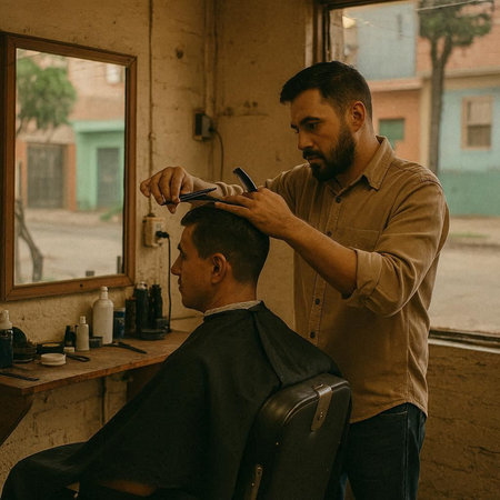 Barber trimming the hair of a man in a barbershop