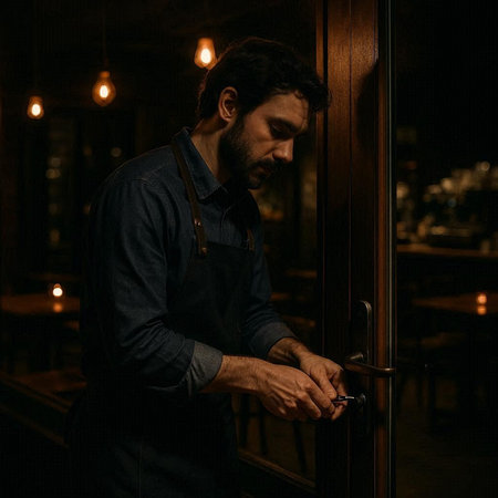 Handsome bearded man in apron opening door at night.
