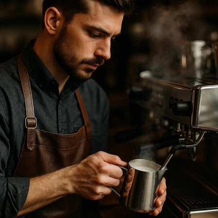 Portrait of a handsome barista preparing coffee in a coffee machine.
