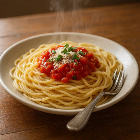 Spaghetti with tomato sauce and parmesan cheese on wooden table