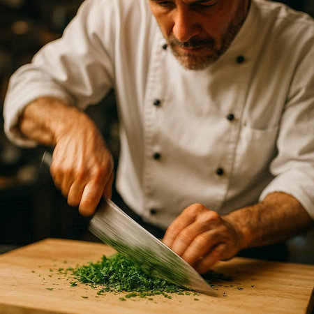 Chef cutting parsley on a wooden board in a restaurant kitchen
