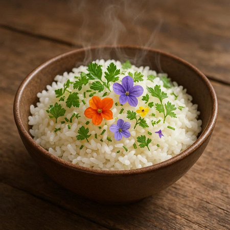 Cooked rice with edible flowers in a bowl on a wooden table