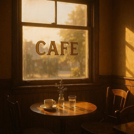 Cafe sign on the window with a cup of coffee on the table