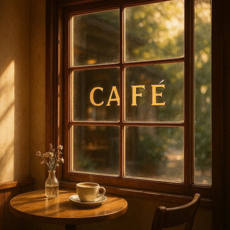Coffee shop window with cup of coffee in vintage cafe.