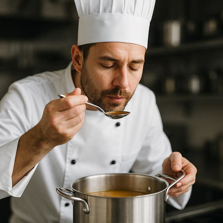 chef in white uniform cooking soup with spoon in kitchen at restaurant