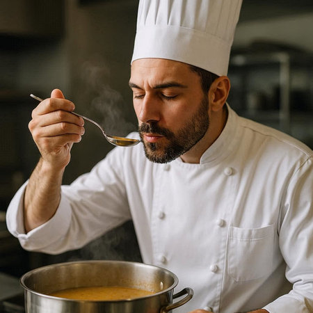 Chef tasting soup in the kitchen of a restaurant or hotel.