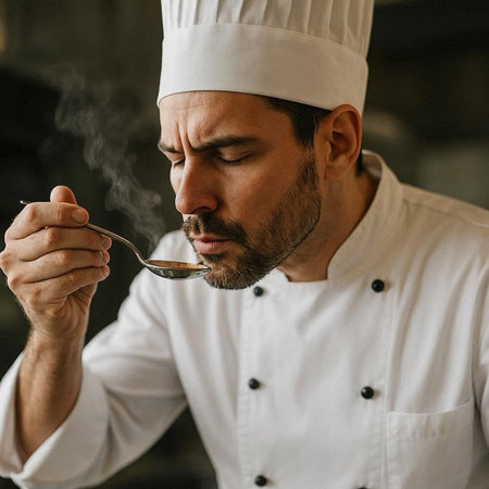 Close up portrait of a bearded male chef in a white uniform with a spoon in his hand.
